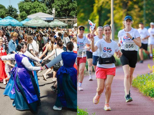 헝가리 한국문화축제 ‘2025 코리아온’ 현장왼쪽과 광복 80주년 기념 ‘815 런’ 달리기 행사에 참여한 부다페스트 시민들오른쪽 사진주헝가리한국문화원