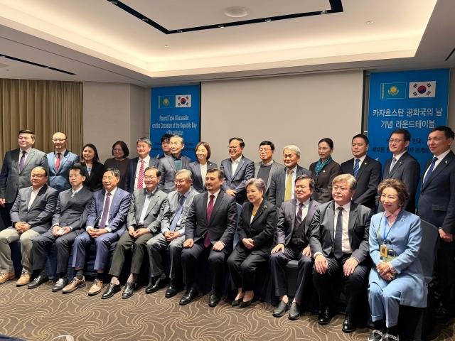 Participants of the roundtable discussion hosted by the Embassy of Kazakhstan pose for a photo in central Seoul on Oct 21 2025 AJP Im Yoon-seo