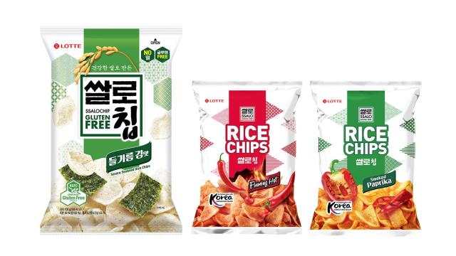 롯데웰푸드가 국내에서 출시한 쌀로칩 들기름 김맛왼쪽 첫 번째과 파키스탄에서 출시한 쌀로칩 플레이밍 핫 쌀로칩 스모크드 파프리카 사진롯데웰푸드