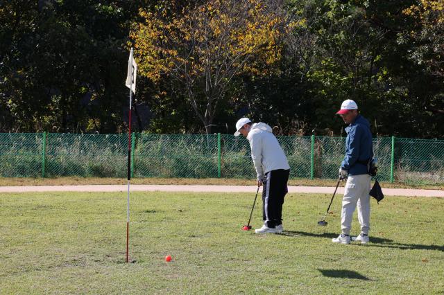 Players take their shots during the Professional Park Golf Test at Hanyeoul Park Golf Course in Pocheon Gyeonggi Province on Oct 22 2025 AJP Yoo Na-Hyun