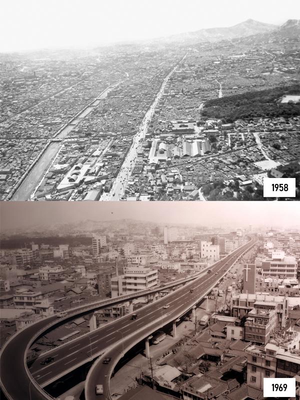 Top A view of Cheonggyecheon and Jongno Street from Dongdaemun in 1958 Courtesy of the Seoul Metropolitan Government
Bottom Cheonggye Elevated Highway shortly after completion in 1969 Courtesy of the Cheonggyecheon Museum  Graphics by AJP Song Ji-yoon
