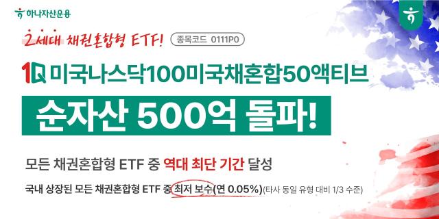 하나자산운용은 2세대 채권혼합 상장시주펀드ETF로 출시된 1Q미국나스닥100미국채혼합50액티브 ETF 순자산이 11영업일 만에 500억을 돌파했다고 24일 밝혔다 사진하나자산운용