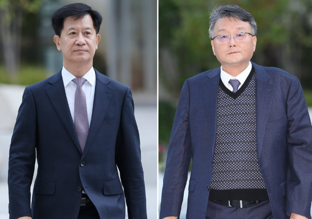 김건희 여사 관련 의혹들을 수사하는 민중기 특별검사팀 새 특검보인 박노수왼쪽 김경호 변호사가 27일 오전 서울 광화문 KT 빌딩 사무실로 출근하고 있다 사진연합뉴스