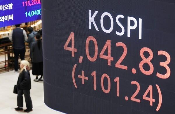 Chỉ số KOSPI được hiển thị tại Sàn giao dịch chứng khoán Hàn Quốc ở Yeongdeungpo-gu Seoul vào ngày 27 khi chỉ số này lần đầu tiên đóng cửa ở mức trên 4000 điểm ẢnhYonhap News