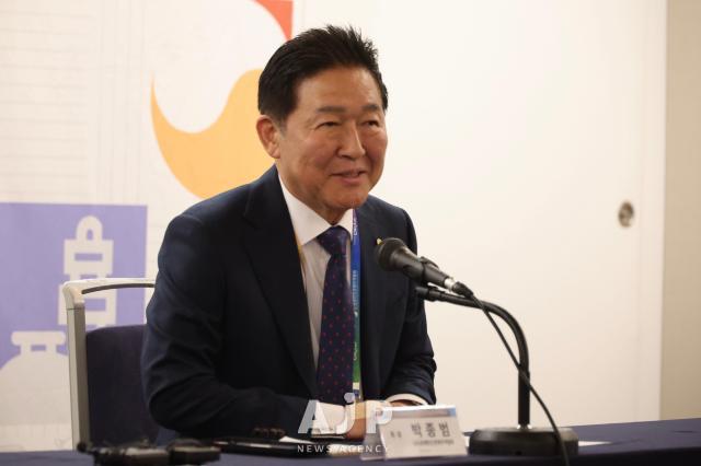 Park Jong-bum chairman of the World Federation of Overseas Korean Traders Associations answers to the press at the 2025 Korea Business Expo Incheon Oct 27 2025 AJP Han Jun-gu