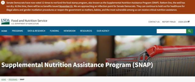 미 농무부 홈페이지 상단에 민주당의 반대로 저소득층 식비 지원이 불가하다는 공지가 적혀 있다 사진미 농무부 홈페이지