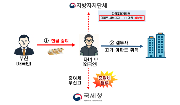 외국인 자녀가 부친으로부터 현금 증여받아고가 아파트 갭투자하고 증여세를 탈루한 사례사진국세청