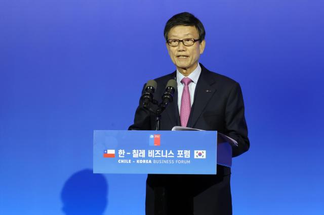 KITA Chairman Yoon Jin-sik delivers opening remarks at the Korea-Chile Business Forum held at the Shilla Hotel in Seoul on October 30 2025 AJP Yoo Na-hyun