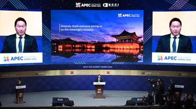최태원 대한상공회의소 회장 겸 SK그룹 회장이 29일 경북 경주예술의전당에서 열린 2025 아시아태평양경제협력체APEC 정상회의 최고경영자CEO 서밋 개회식에서 개회사를 하고 있다