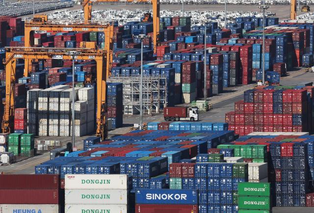 Containers stacked at Pyeongtaek Port in Gyeonggi Province on Oct 28 2025 Yonhap