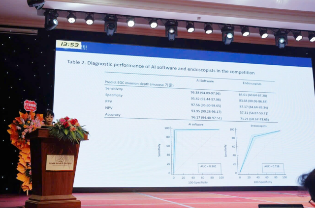 Giáo sư Kim Yoon-ah Bệnh viện Gangnam Severance Đại học Yonsei trình bày kết quả nghiên cứu về chẩn đoán ung thư dạ dày sớm bằng nội soi AI WayMed Endo tại Hội nghị VNAGE 2025 tại Ninh Bình Việt Nam ẢnhWaycen