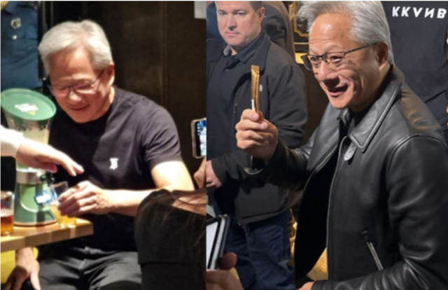Nvidia CEO Jensen Huang is seen enjoying Korea’s “somaek” — a mix of soju and beer — using Hite Jinro’s “Tera Tower” left and later holding a red ginseng extract stick he received from a fan right during his visit to Seoul on Oct 30 2025 Screen captured from social media