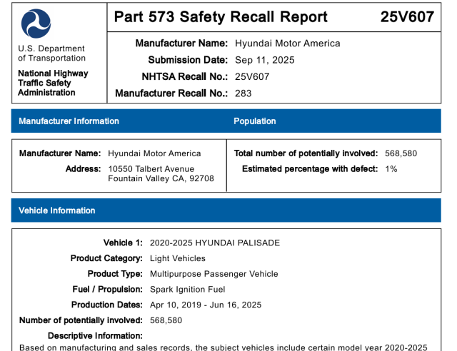 현대자동차 미국법인이 NHTSA에 제출한 안전 리콜 보고서. [사진=NHTSA]
