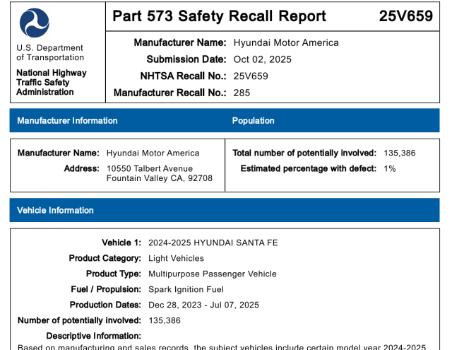 현대자동차 미국법인이 NHTSA에 제출한 안전 리콜 보고서. [사진=NHTSA]