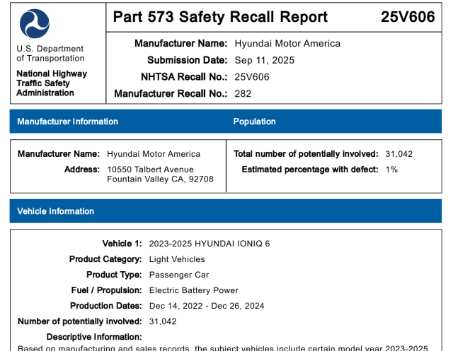 현대자동차 미국법인이 NHTSA에 제출한 안전 리콜 보고서. [사진=NHTSA]