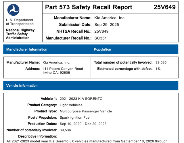 기아 미국법인이 NHTSA에 제출한 텔루라이드 안전 리콜 보고서 사진NHTSA