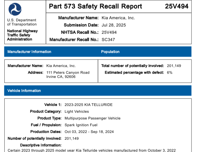 기아 미국법인이 NHTSA에 제출한 텔루라이드 안전 리콜 보고서 사진NHTSA