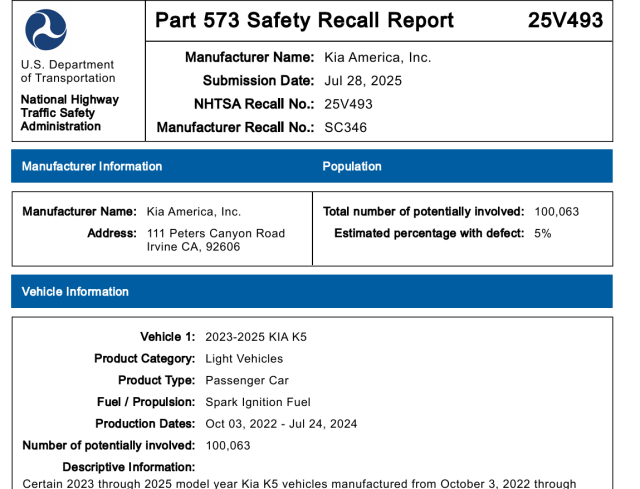 기아 미국법인이 NHTSA에 제출한 K5 안전 리콜 보고서 사진NHTSA