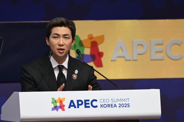 RM leader of K-pop boy band BTS delivers a keynote address at the APEC CEO Summit in the southeastern city of Gyeongju on Oct 29 Yonhap