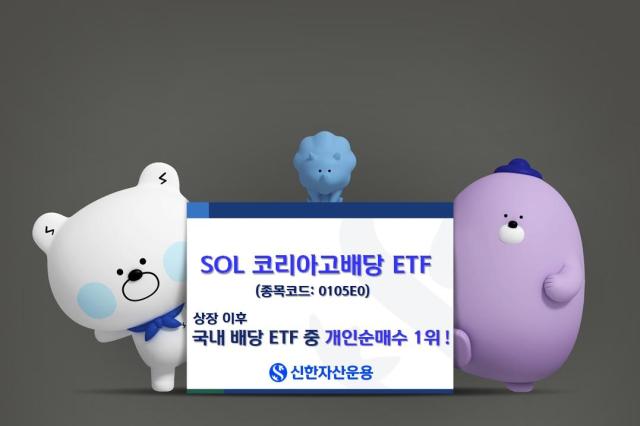 신한자산운용은 지난 9월 상장한 SOL 코리아고배당 상장지수펀드ETF 개인투자자 누적 순매수가 835억원을 돌파하며 같은 기간 국내 배당 ETF 중 가장 많은 개인투자자 자금이 몰린 상품으로 집계됐다고 7일 밝혔다 사진신한자산운용 