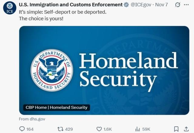 불법체류자의 자진 출국을 권유하는 미 이민세관단속국ICE의 X구 트위터 게시물 사진ICE X