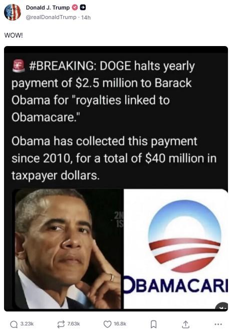 트럼프 대통령이 트루스소셜에 올린 오바마케어 관련 허위주장 사진 트럼프 대통령 트루스소셜 갈무리