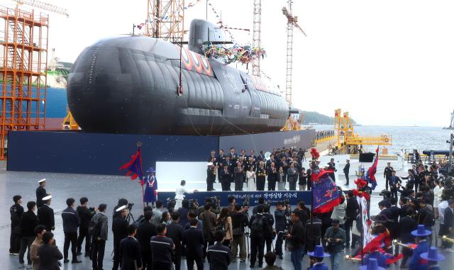 Hanwha Ocean and the Korean Navys launching ceremony of the 3600-ton submarine Jang Young-sil held in Geoje Island Oct 22 2025 Yonhap