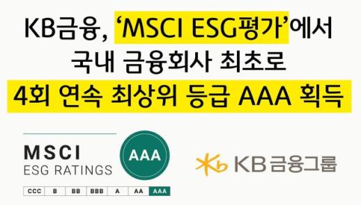 KB금융, MSCI ESG 평가서 4회 연속 최상위 등급