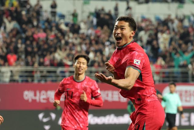 14일 대전월드컵경기장에서 열린 남자축구 국가대표 A매치 평가전 대한민국과 볼리비아의 경기 조규성이 골을 넣은 뒤 세리머니를 하고 있다 사진연합뉴스