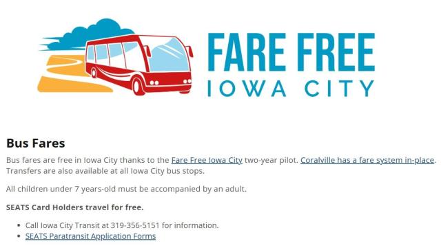 버스 요금 무료 정책을 설명하는 아이오와시티 홈페이지 사진아이오와시티 홈페이지