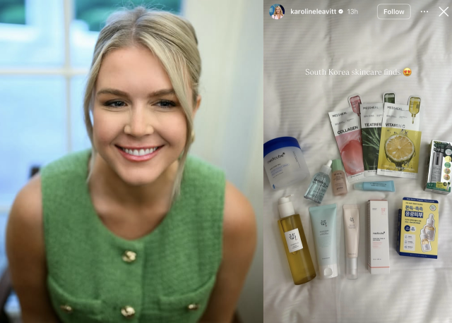 White House press secretary Karoline Leavitt left photo and her Instagram post showing her K-beauty haul uploaded Thursday right karolineleavitt Instagram