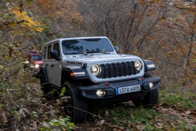 강원도 정선군 병방산 국립공원 트레킹 코스를 달리고 있는 지프 랭글러 루비콘 사진스텔란티스