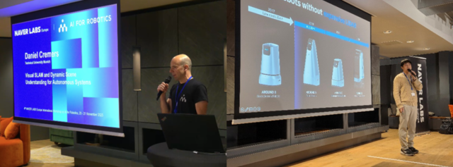 왼쪽부터 사진은 발표 진행 중인 네이버랩스 유럽의 마틴 휴멘버거연구소장과 네이버랩스 이동환 리더사진네이버