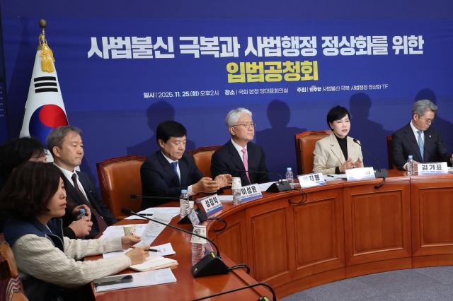 25일 서울 여의도 국회에서 열린 더불어민주당 사법불신 극복·사법행정 정상화 태스크포스TF 공청회에서 전현희 TF 단장이 발언하고 있다사진연합뉴스