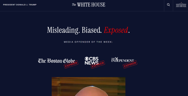 미국 백악관이 공식 웹사이트에 ‘미디어 범죄자’라는 페이지를 신설했다 사진백악관 웹사이트 캡처