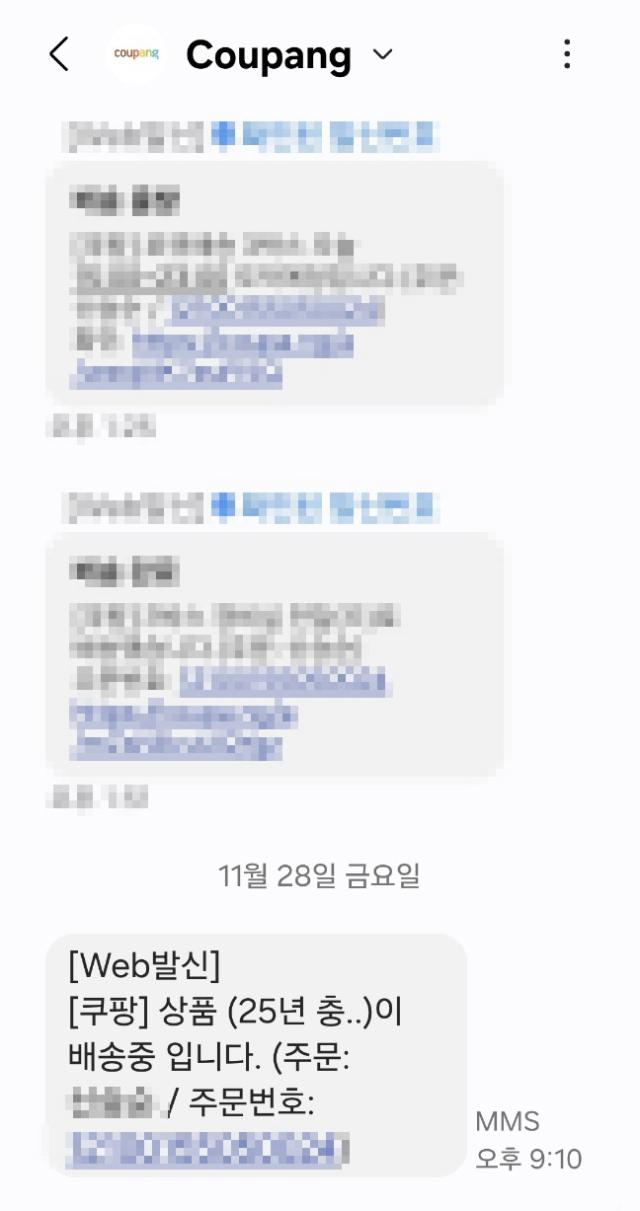 지난달 28일 쿠팡 공식 메시지로 전달된 배송안내 문자 이후 모르는 번호로부터 택배가 배송 중이라는 메시지와 함께 배송조회 링크가 첨부됐다 제보자는 해당 물품을 주문한 적이 없으며 물품 역시 배송되지 않았다 사진아주경제 제보