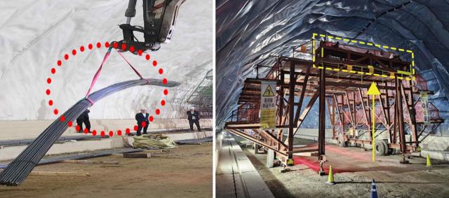 중장비를 이용해 자재를 옮기는 모습왼쪽과 롯데건설 터널공사 현장에서 작업대차에 설치한 양중리프트를 이용해 자재를 옮기는 모습오른쪽 사진롯데건설