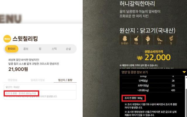 bhc와 교촌치킨 홈페이지 메뉴 상세정보란에 조리 전 중량이 표시돼 있는 모습. [사진=각 사 홈페이지 캡처]