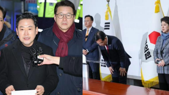 왼쪽 장동혁 국민의힘 대표가 3일 경기도 의왕 서울구치소에 앞에서 구속 영장이 기각된 추경호 의원을 마중한 뒤 취재진에 발언하고 있다 오른쪽 송언석 국민의힘 원내대표가 3일 오전 국회에서 긴급 기자간담회를 열고 사과를 표했다 사진연합뉴스