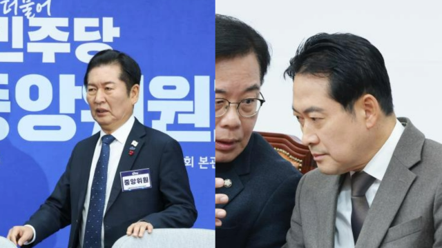 사진 왼쪽 정청래 더불어민주당 대표 오른쪽 송언석 국민의힘 원내대표와 장동혁 당대표 사진연합뉴스