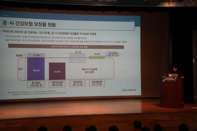 김경선 보험연구원 연구위원이 8일 서울 용산구 KDB생명타워에서 열린 ‘공·사 건강보험 상생을 위한 정책과제 세미나’에서 발표하고 있다 사진보험연구원