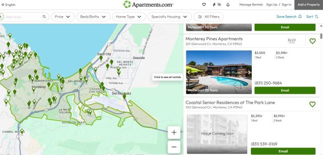 미 부동산 사이트 아파트먼츠닷컴의 시세 몬터레이 지역의 원 베드가 월세 2500달러로 나타나 있다 사진아파트먼트닷컴 캡처