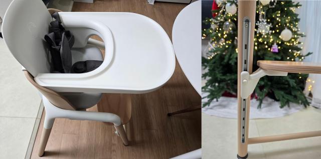 부가부 하이체어 지라프는 아이 키에 맞춰 높낮이를 자유롭게 조정할 수 있다 지라프를 식탁에 배치한 모습왼쪽과 의자 뒤편 발받침 높이 조정 장치 사진조현미 기자