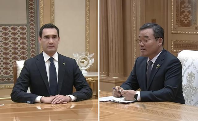 투르크메니스탄 세르다르 베르디무하메도프 대통령왼쪽을 예방하고 있는 대우건설 김보현 사장오른쪽 사진투르크메니스탄 공식 유튜브 채널