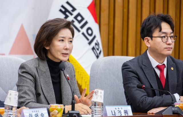 국민의힘 지방선거총괄기획단 위원장인 나경원 의원이 15일 국회에서 열린 지방선거총괄기획단-전국청년지방의원협의회 연석회의에서 오는 2026년 지방선거에서 청년 우대 정책 구상이 담긴 인사말을 하고 있다 사진연합뉴스