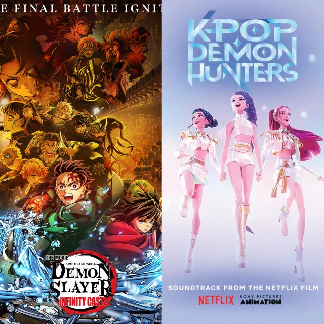 Promotional posters for Demon Slayer Infinity Castle left and Netflix’s KPop Demon Hunters