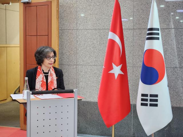 Esra Dogan Grajover Deputy Chief of Mission at the Embassy of the Republic of Türkiye in Seoul delivers welcome remarks during the Türkiye Meetings at Korea University in Seoul on Dec 15 AJP Park Sae-jin