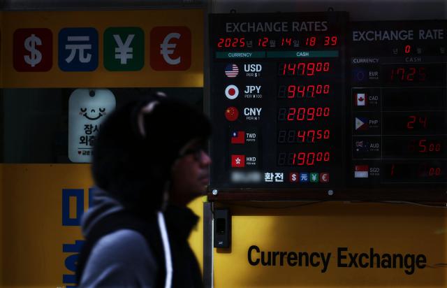 Korean FX rates have been hovering close to crisis-era levels as shown at a FX exchange shop window in Myeongdong Dec 14 2025 Yonhap
