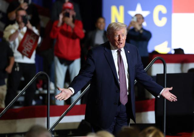 19일현지시간 노스캐롤라이나주 록키 마운틴에서 연설 중인 도널드 트럼프 미국 대통령사진AFP연합뉴스