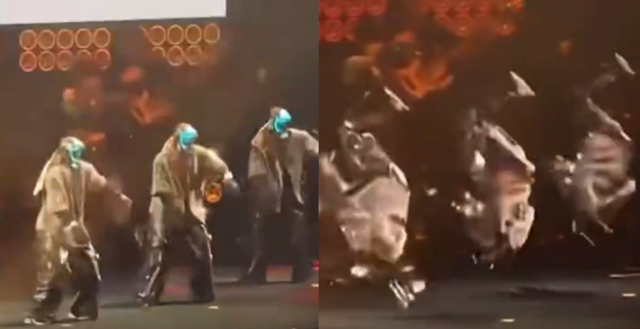 지난 18일 중국 청두에서 열린 가수 왕리훙의 콘서트 무대에 올라 공중제비를 선보인 로봇 댄서들 사진엑스 갈무리